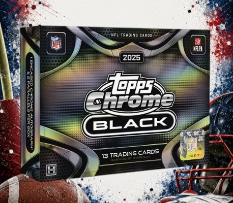 Holzwurm Creativ 2025 Topps Chrome Black Football hobby box featuring a sleek dark design with metallic chrome accents