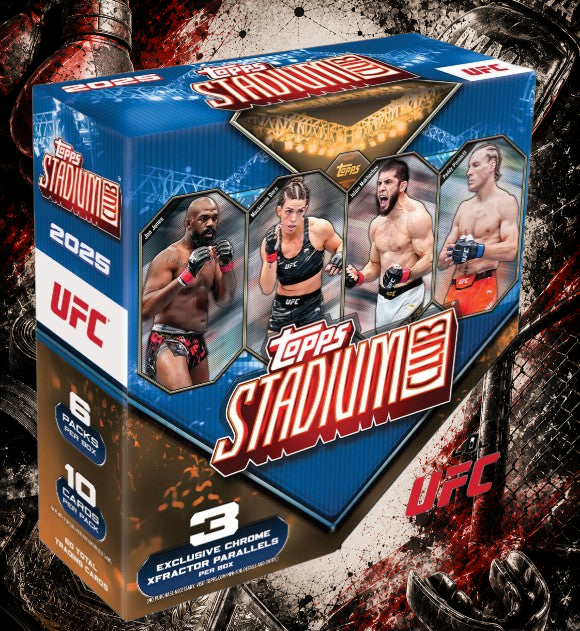 Holzwurm Creativ 2025 Topps UFC Stadium Club Mega Box mit Sammelkarten von MMA-Kämpfern in einer versiegelten Box