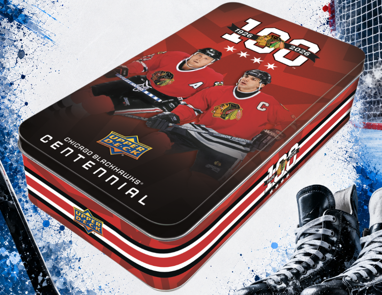 Holzwurm Creativ Upper Deck Chicago Blackhawks Centennial Sammelkarten-Dose mit Jubiläumsdesign und Eishockey-Legenden