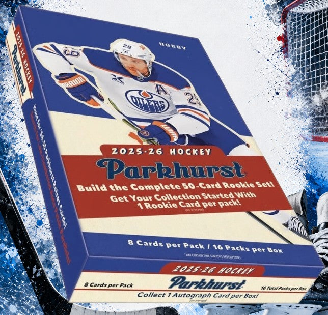 Holzwurm Creativ 2025-26 Upper Deck Parkhurst Eishockey Hobby Box mit Vintage-Design und Spieler-Illustration