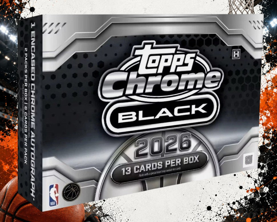 Holzwurm Creativ 2025-26 Topps Chrome Black Basketball hobby box featuring a sleek black and silver design.