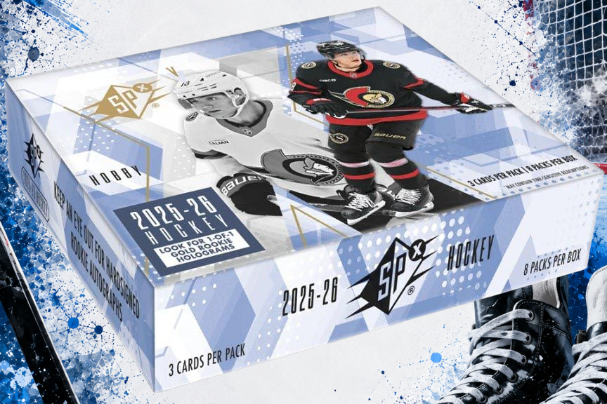 Holzwurm Creativ 2025-26 Upper Deck NHL SPx Hobby Box mit Eishockey-Sammelkarten in blauer Design-Verpackung