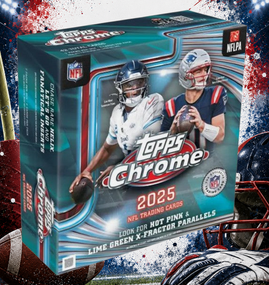 Holzwurm Creativ 2025 Topps Chrome NFL Football Mega Box mit glänzenden Trading Cards und NFL-Spieler-Motiven