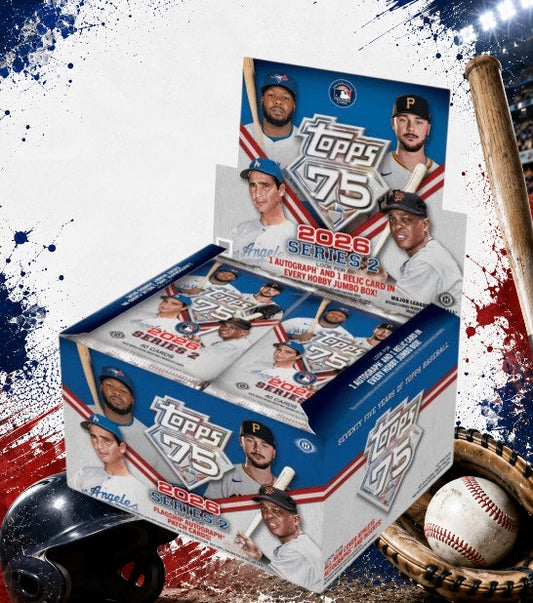 Holzwurm Creativ 2026 Topps MLB 75 Series 2 Jumbo Box mit Baseball-Sammelkarten und garantierten Autogramm-Relic-Karten