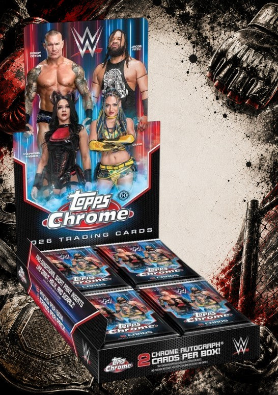 Holzwurm Creativ 2026 Topps WWE Cosmic Chrome hobby box featuring wrestling superstars and collectible trading cards.