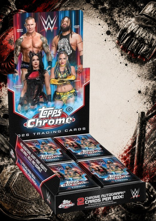Holzwurm Creativ 2026 Topps WWE Cosmic Chrome hobby box featuring wrestling superstars and collectible trading cards.