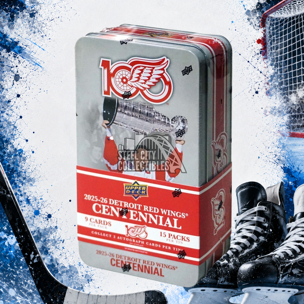 Holzwurm Creativ 2025-26 Upper Deck Detroit Red Wings Centennial Sammelkarten-Hobbybox in silberner Metalldose