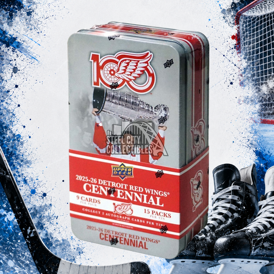 Holzwurm Creativ 2025-26 Upper Deck Detroit Red Wings Centennial Sammelkarten-Hobbybox in silberner Metalldose