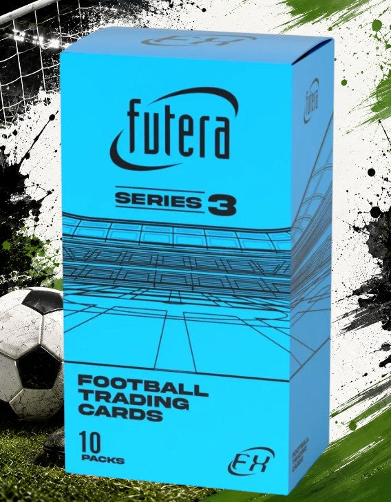 Holzwurm Creativ Futera FX World Football Series 3 hobby box featuring bright blue packaging and 10 trading card packs.