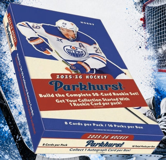 Holzwurm Creativ 2025-26 Upper Deck Parkhurst Eishockey Hobby Box mit Vintage-Design und Spieler-Illustration