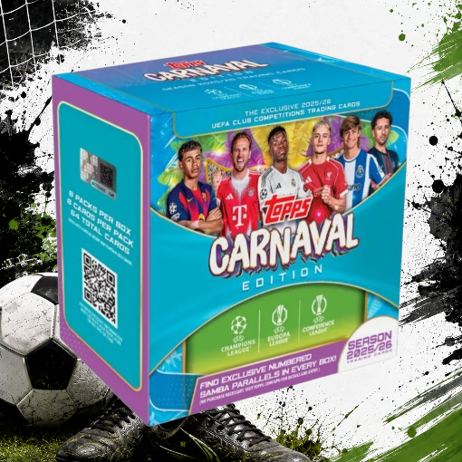 Holzwurm Creativ 2025-26 Topps Chrome UCC Carnaval Edition Sammelkarten-Box mit Fußballstars und UEFA-Logos