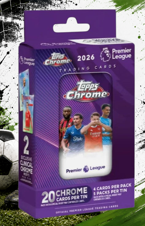 Holzwurm Creativ 2026 Topps Chrome Premier League Tin Box mit 20 Sammelkarten und exklusiven Clinical Chrome Inserts