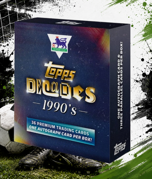 Holzwurm Creativ 2025 Topps Decades Premier League 90er Edition Hobby Box mit 36 Sammelkarten und einem Autogramm