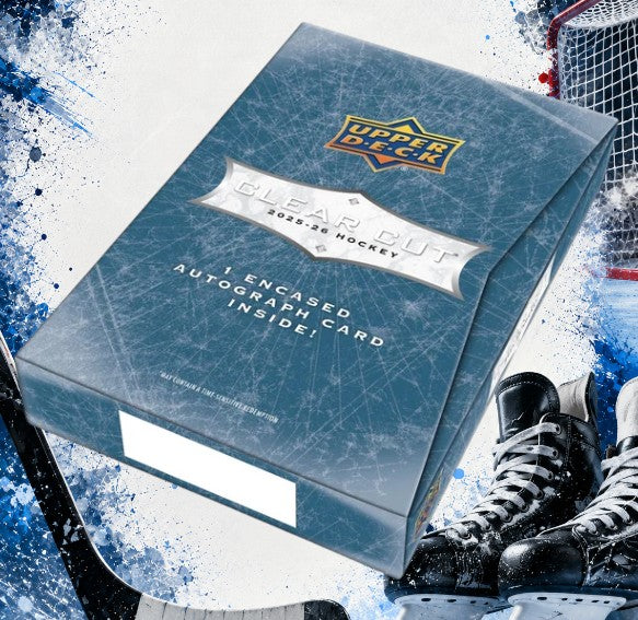 Holzwurm Creativ 2025-26 Upper Deck NHL Clear Cut hobby box featuring one encased autograph hockey card